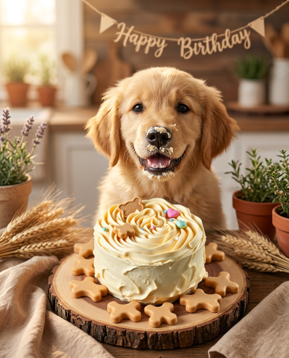 Cachorro golden retriever con hocico manchado de frosting frente a su mini pastel en cocina rústica con banner Happy Birthday