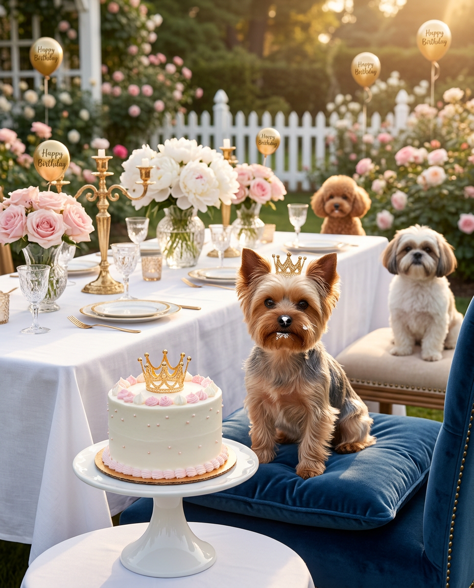 Yorkshire terrier con corona dorada en mesa de jardín elegante con poodle y shih tzu como invitados, peonías y globos Happy Birthday