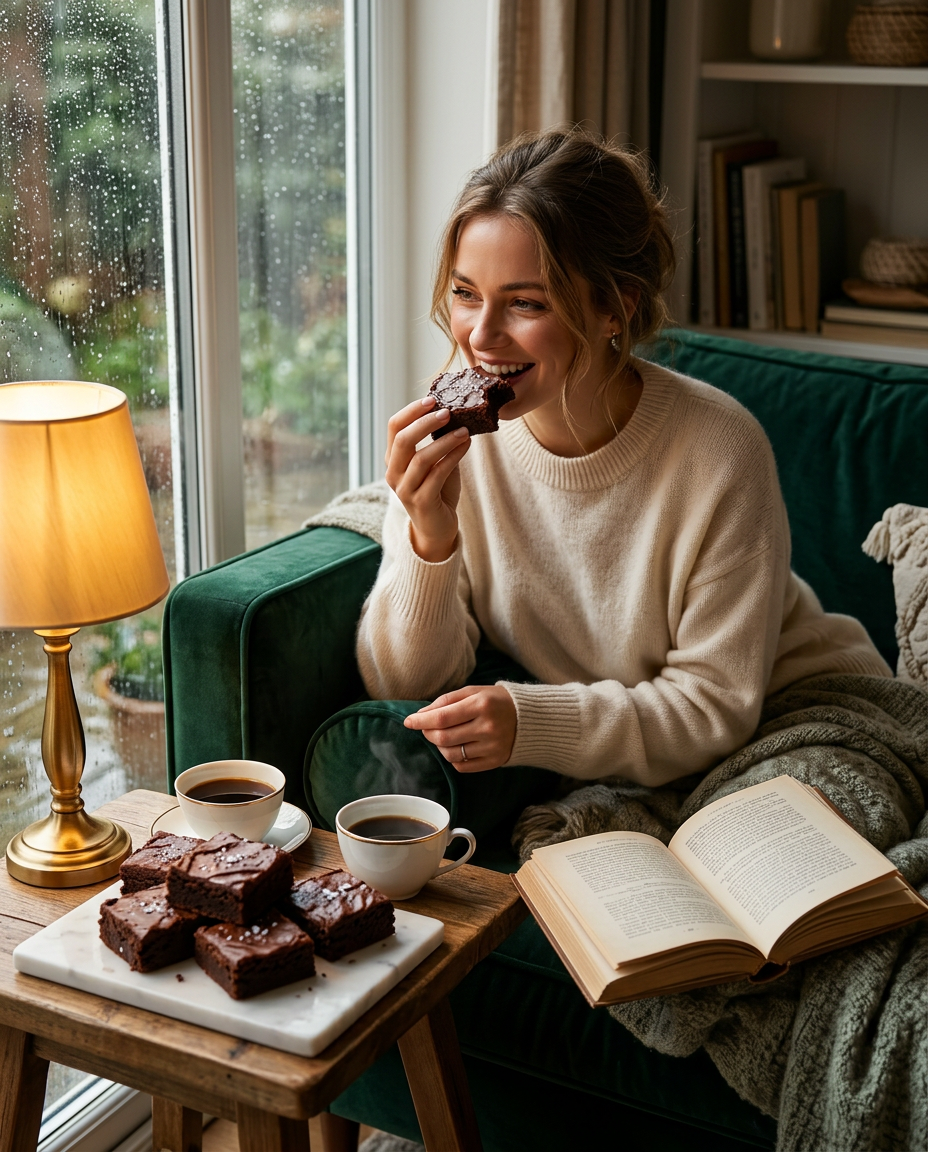Mujer disfrutando brownies con café en una tarde lluviosa junto a la ventana