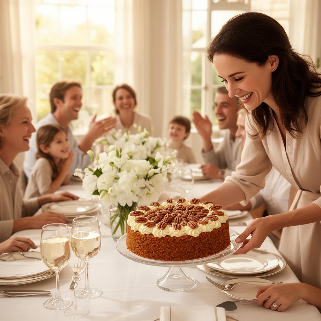 Mujer sirviendo carrot cake en una comida familiar luminosa
