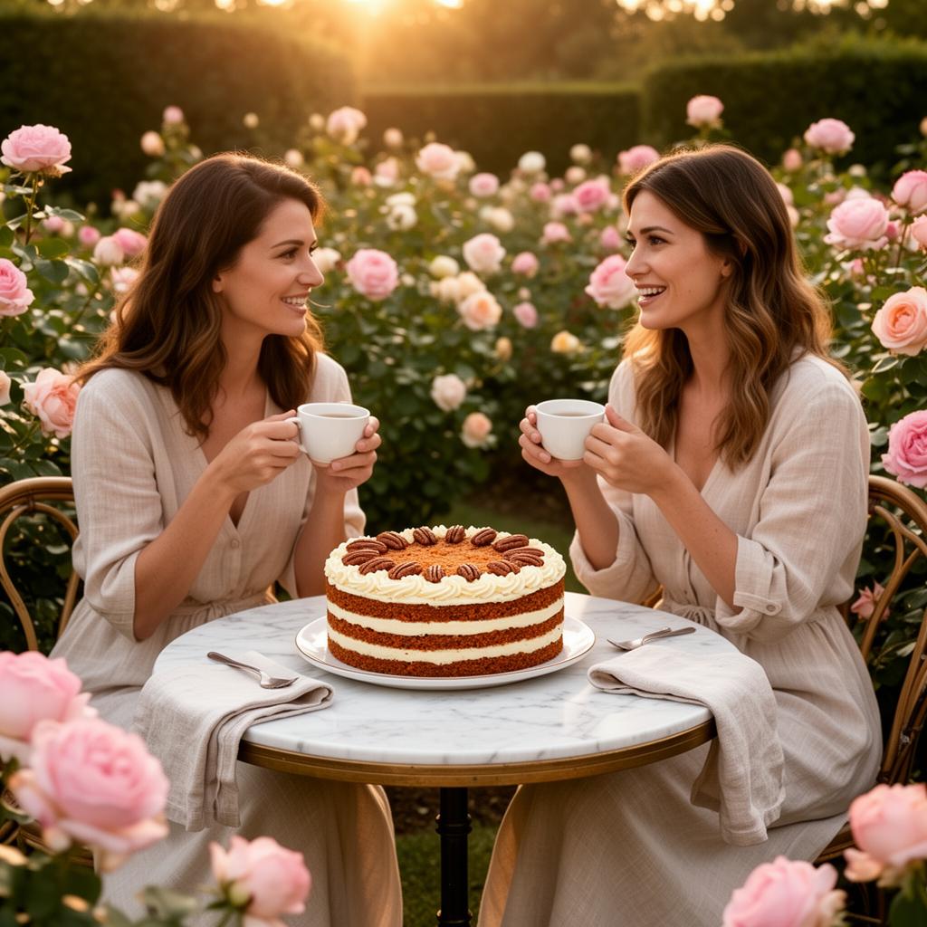Dos amigas tomando café junto a un carrot cake naked en jardín de rosas