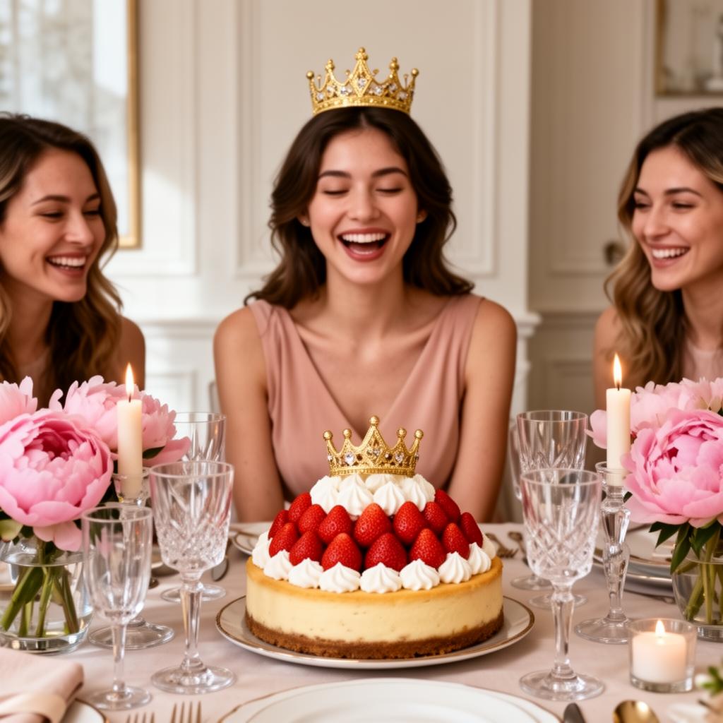 Cumpleañera con amigas sonriendo frente a cheesecake de fresas con corona dorada