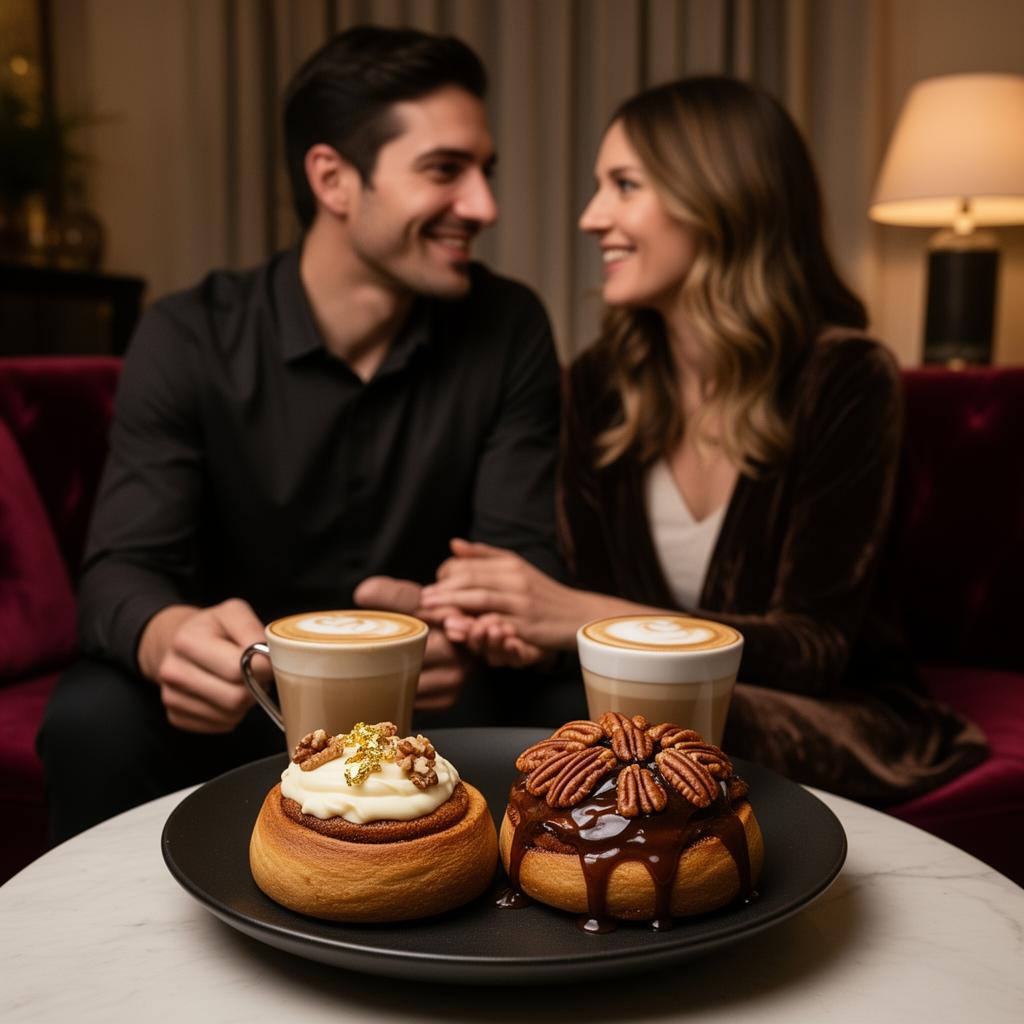 Pareja disfrutando café y dúo de cinnamon rolls en una cita íntima