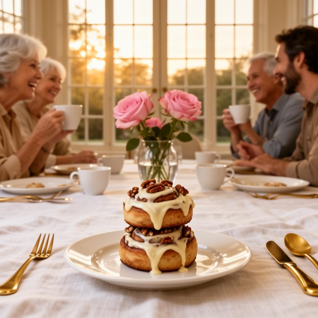 Familia reunida en brunch alrededor de una torre de cinnamon rolls con café