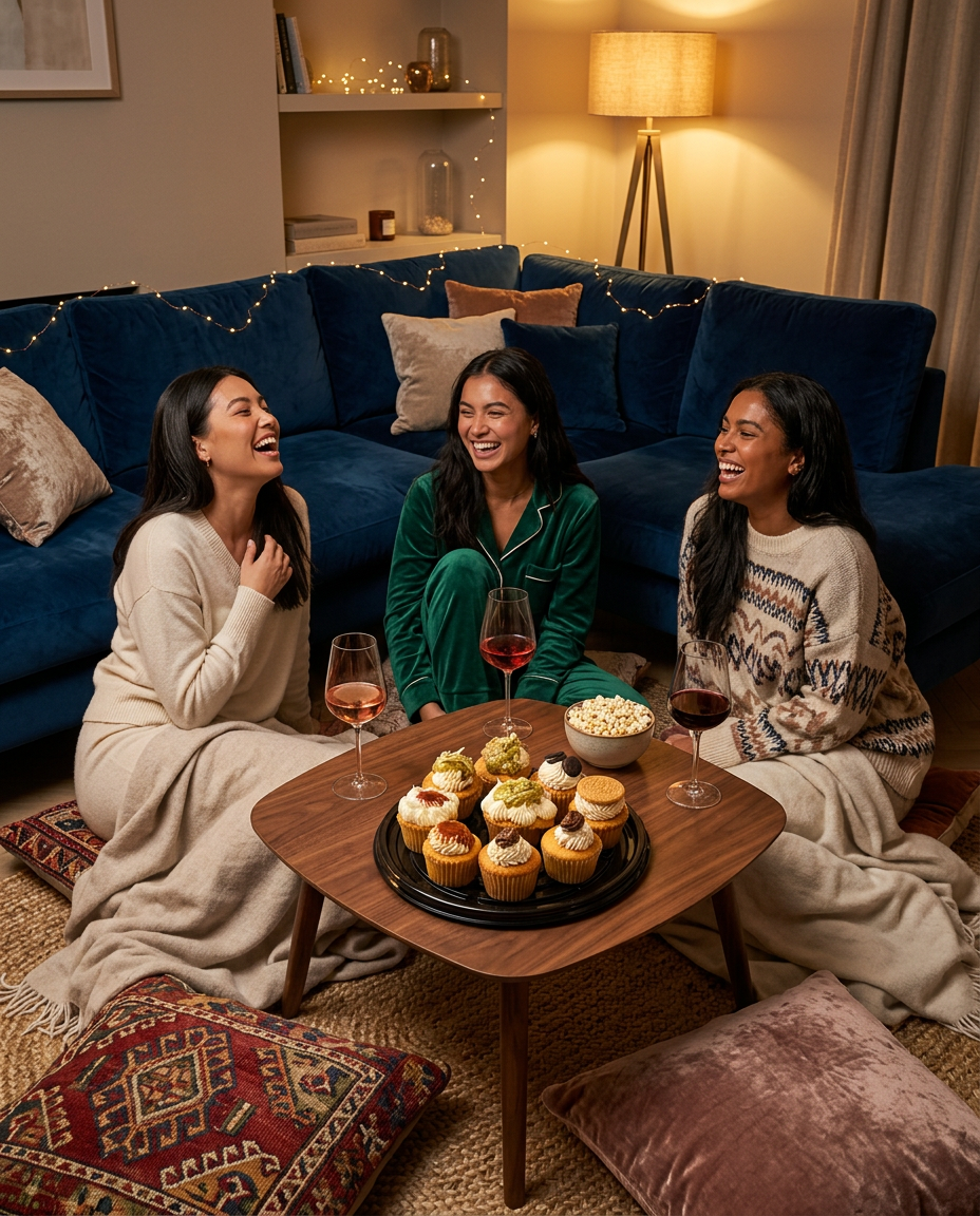 Tres amigas en pijama elegante compartiendo cupcakes y vino en noche casual en casa