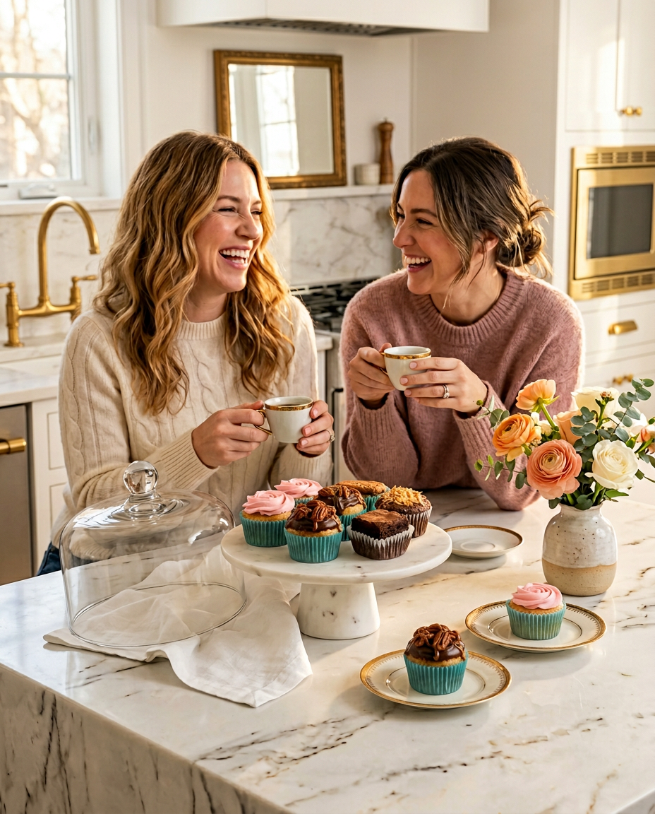 Dos amigas tomando café en cocina luminosa con cupcakes bajo domo de cristal