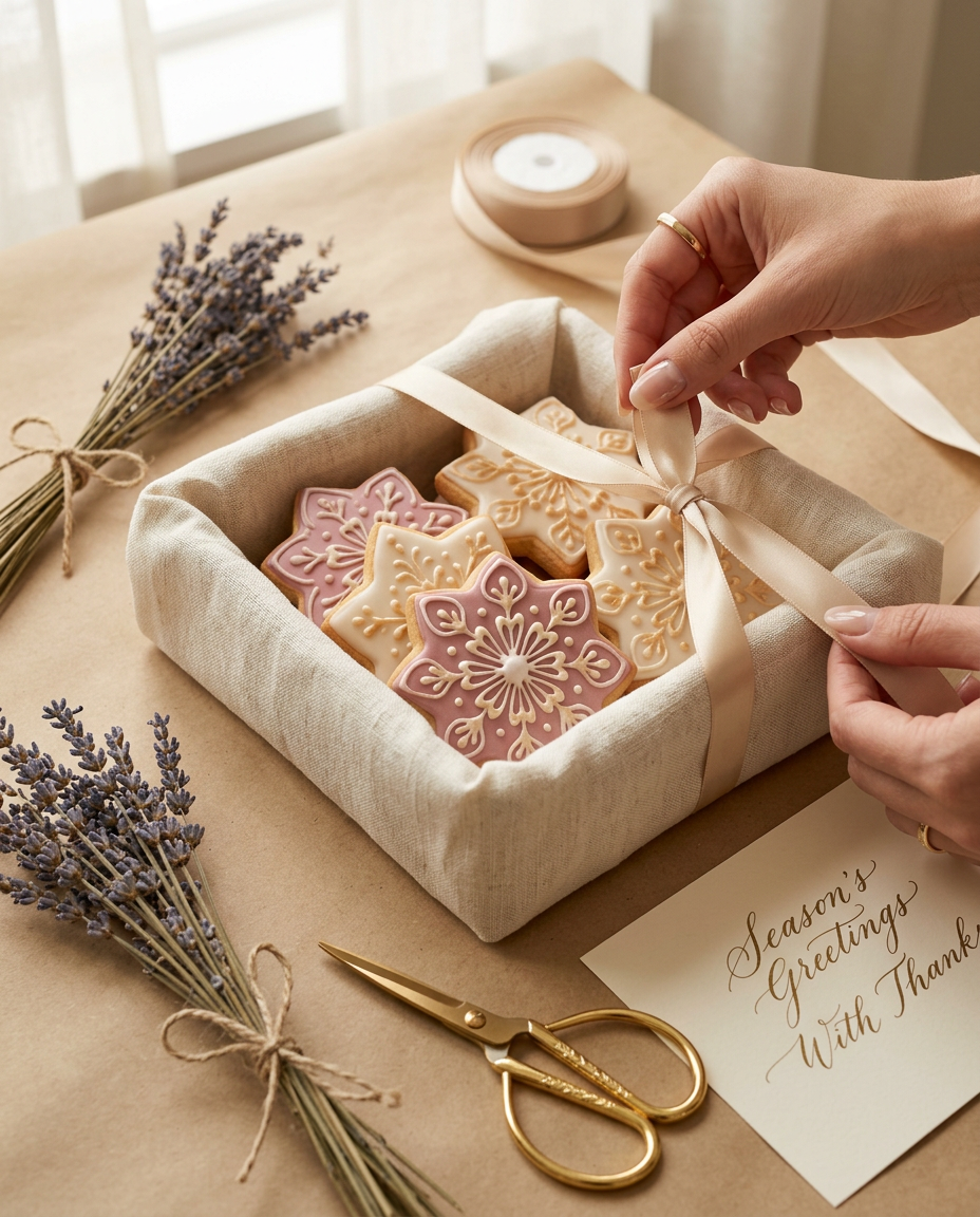 Caja regalo con galletas decoradas envueltas con listón, lavanda y tarjeta elegante