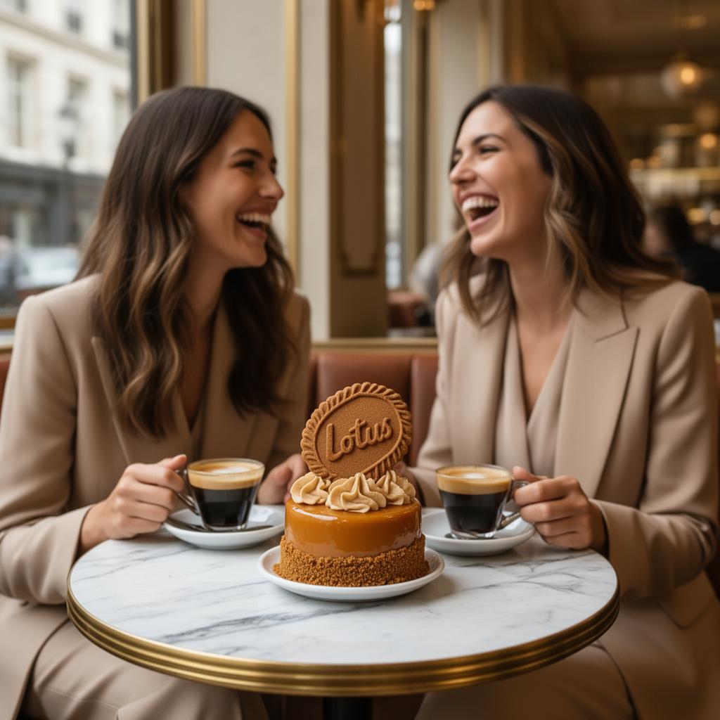 Dos amigas compartiendo café y pastel Lotus Biscoff en un café elegante