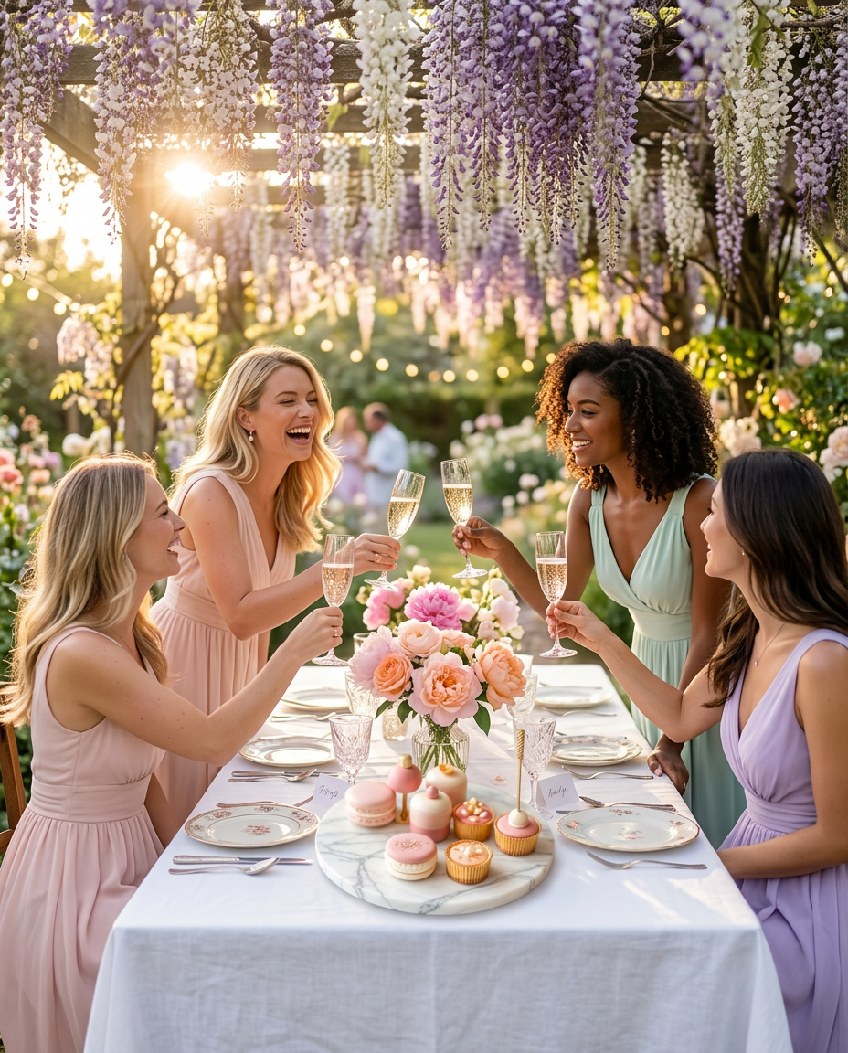 Mujeres celebrando en mesa de jardín con mini postres bajo glicinas florecidas