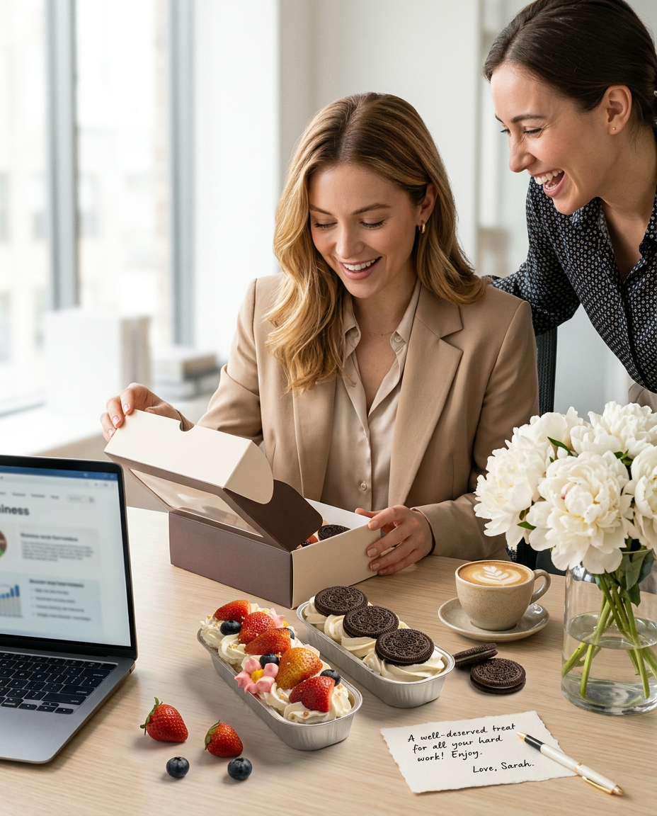 Entrega sorpresa en oficina con charolas de mini postres de fresas y Oreo sobre escritorio elegante