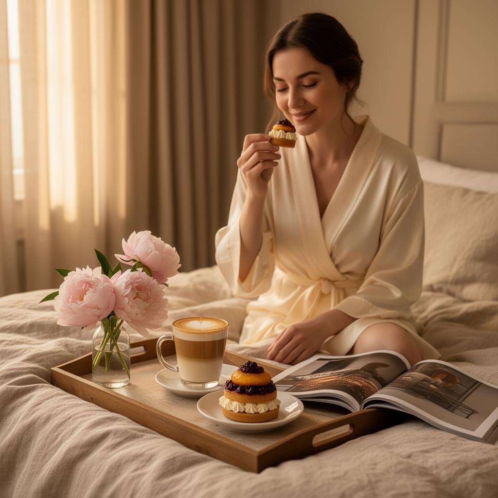 Mujer en bata disfrutando mini postre de mora con latte en bandeja sobre la cama