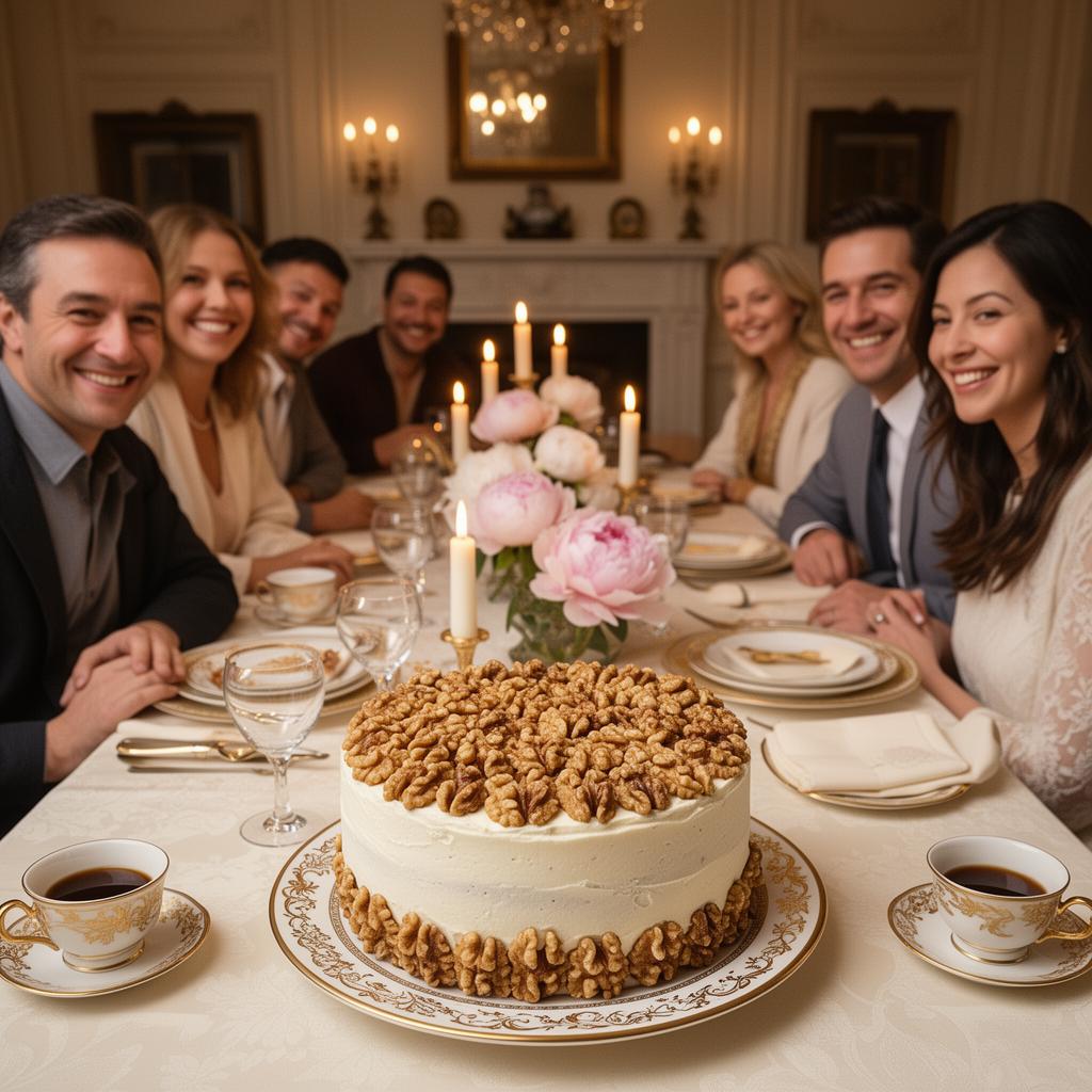 Reunión familiar elegante con pastel clásico de nuez al centro de la mesa