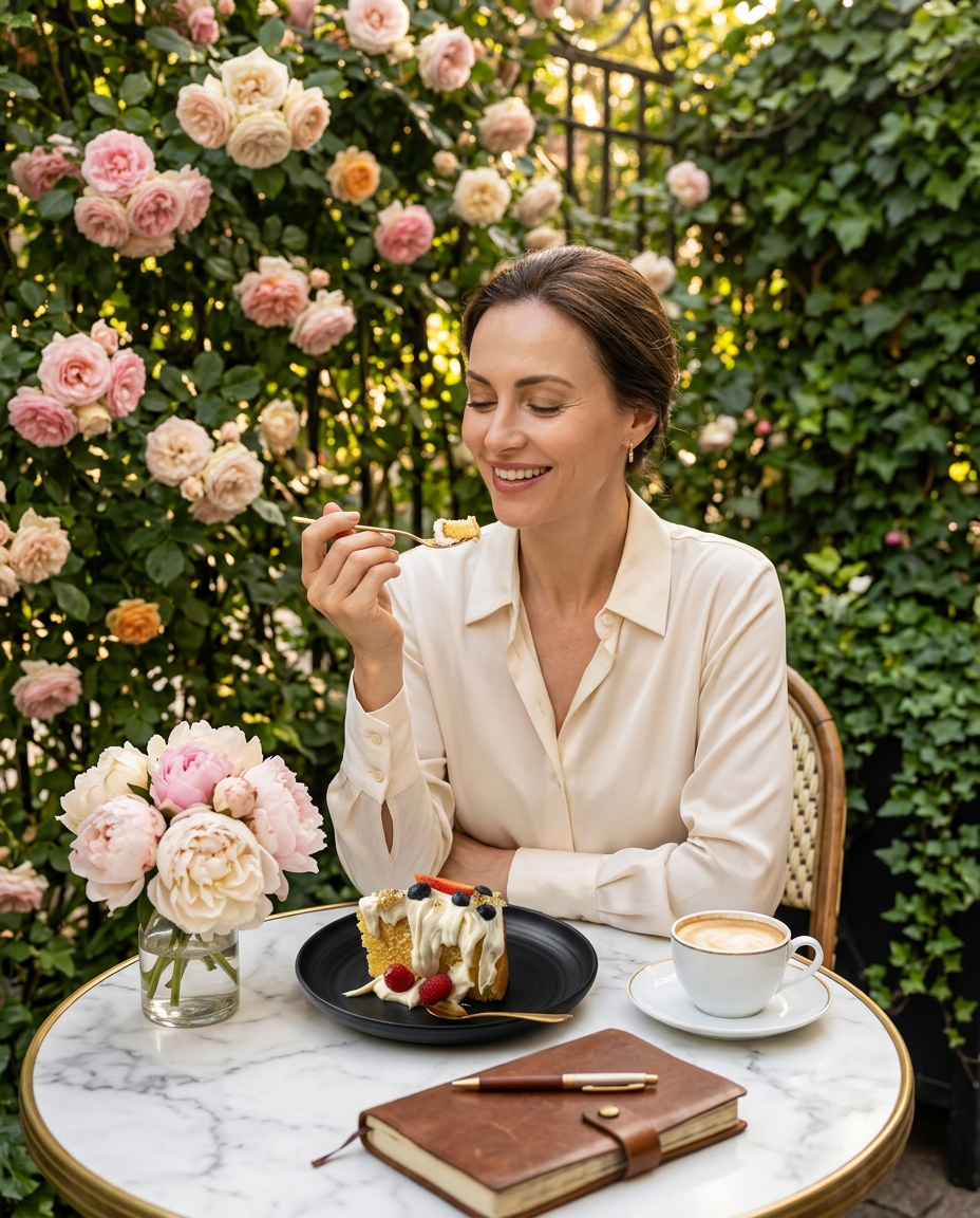 Mujer disfrutando una rebanada con frutos rojos en terraza de café rodeada de rosas