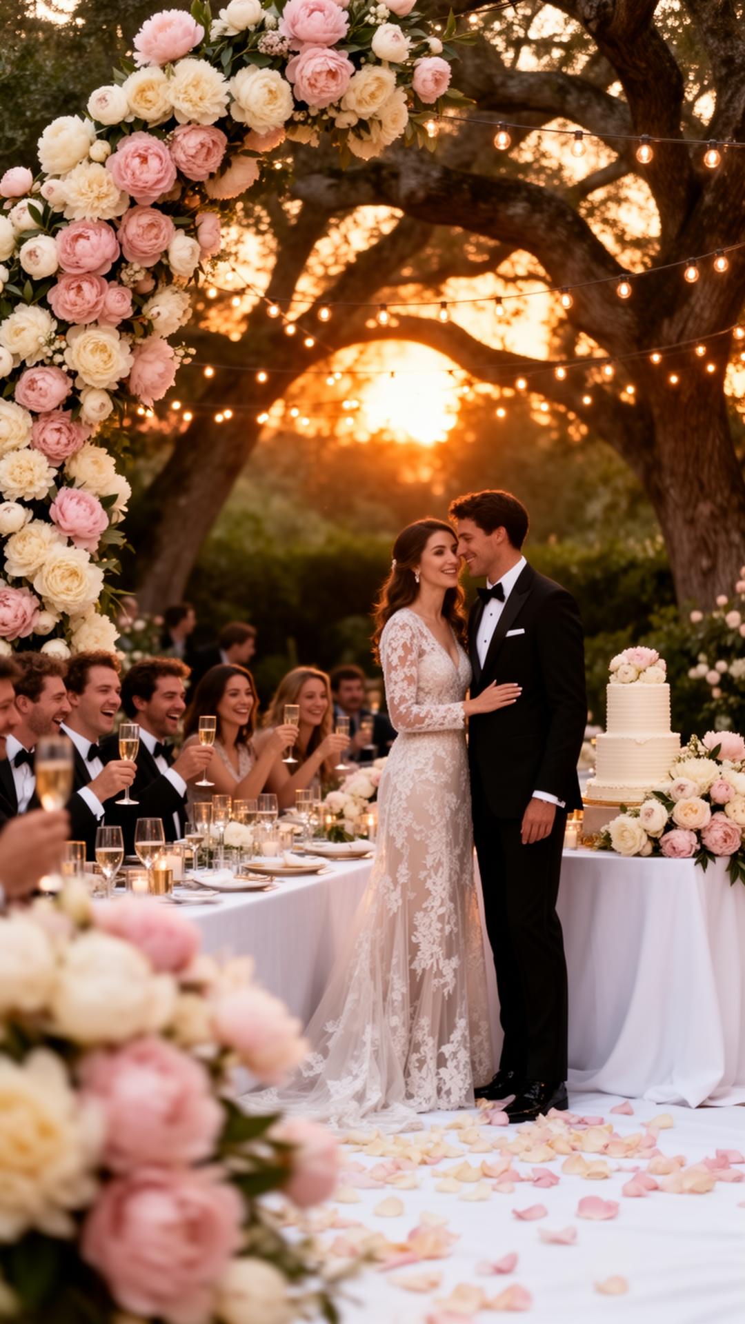 Novios abrazados en boda al aire libre durante atardecer dorado, arco de peonías blush y crema, mesa larga con guests brindando con champaña y pastel de tres pisos al lado