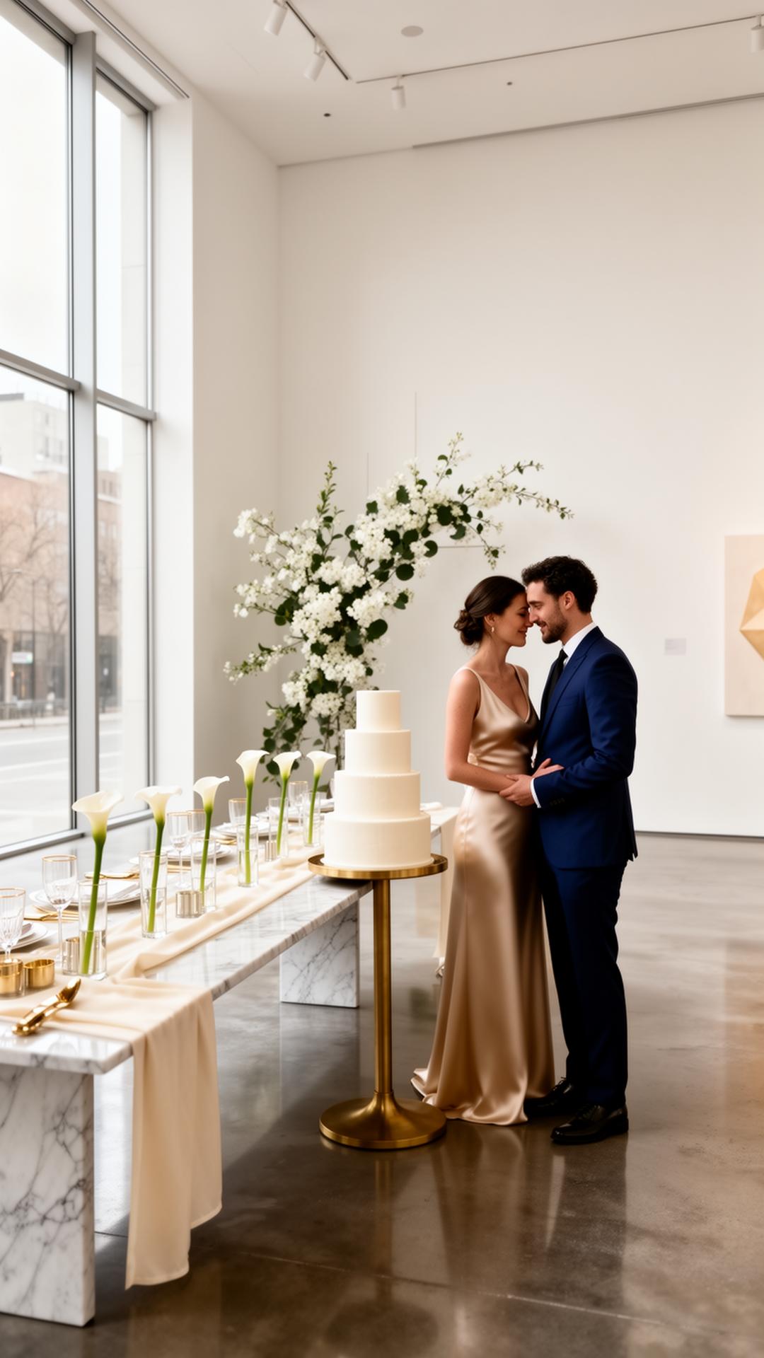 Pareja elegante en galería de arte minimalista, novia en vestido satén dorado y novio en traje azul marino abrazados junto a pastel limpio de dos pisos sobre pedestal de bronce