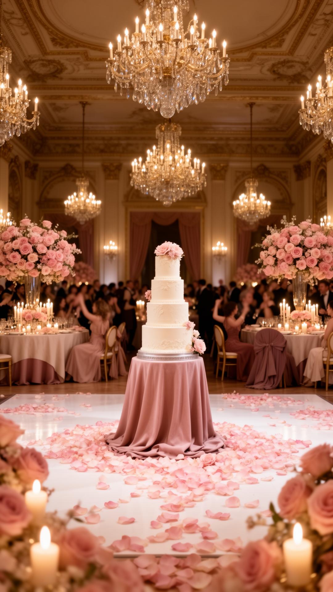 Salón clásico con candelabros de cristal, mesas redondas en blush y rosa, gran pastel de cuatro pisos en pedestal central rodeado de pétalos de rosa rosados sobre la pista de baile