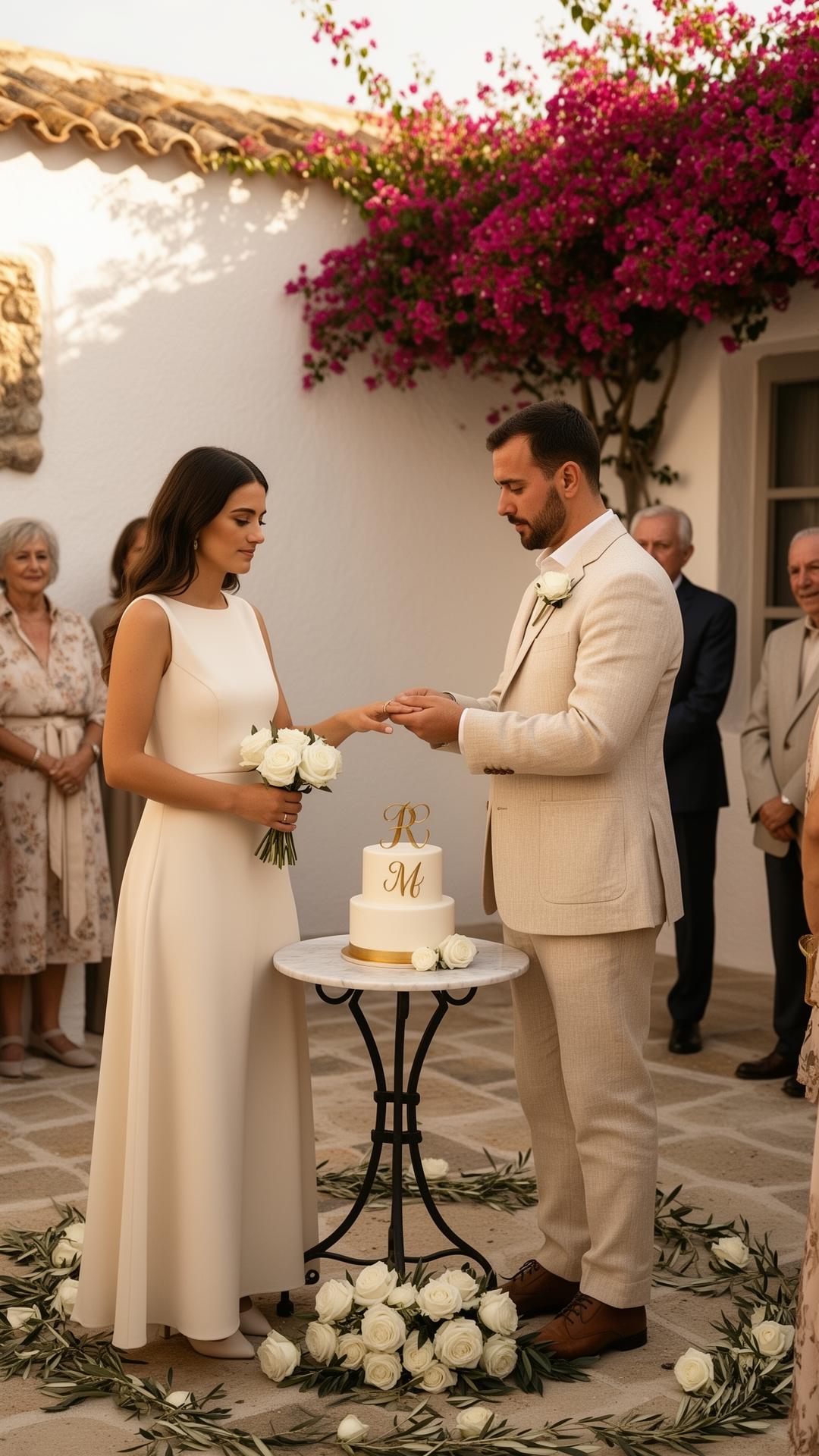 Boda civil íntima en patio mediterráneo de paredes blancas y bugambilia, pareja intercambiando anillos junto a pequeño pastel de dos pisos con iniciales doradas sobre mesa de mármol