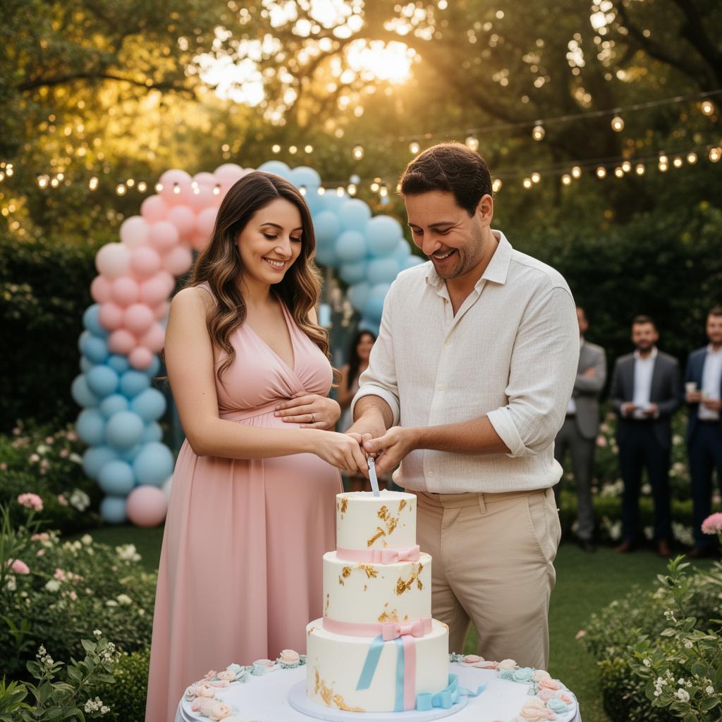 Pareja elegante a punto de cortar el pastel de revelación rodeados de globos pastel y velas