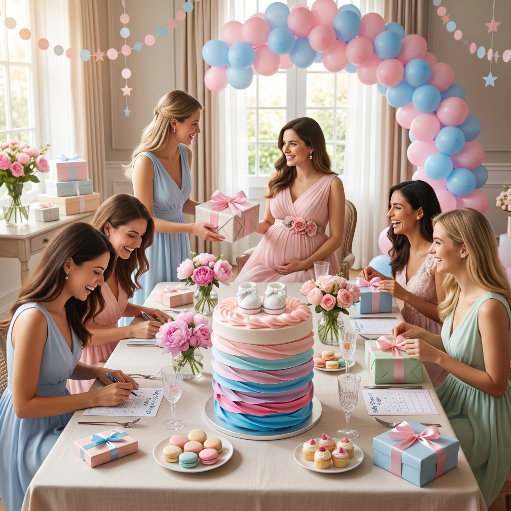 Mesa de baby shower decorada con arco de globos rosa y azul, peonías, regalos envueltos y pastel ombré en el centro