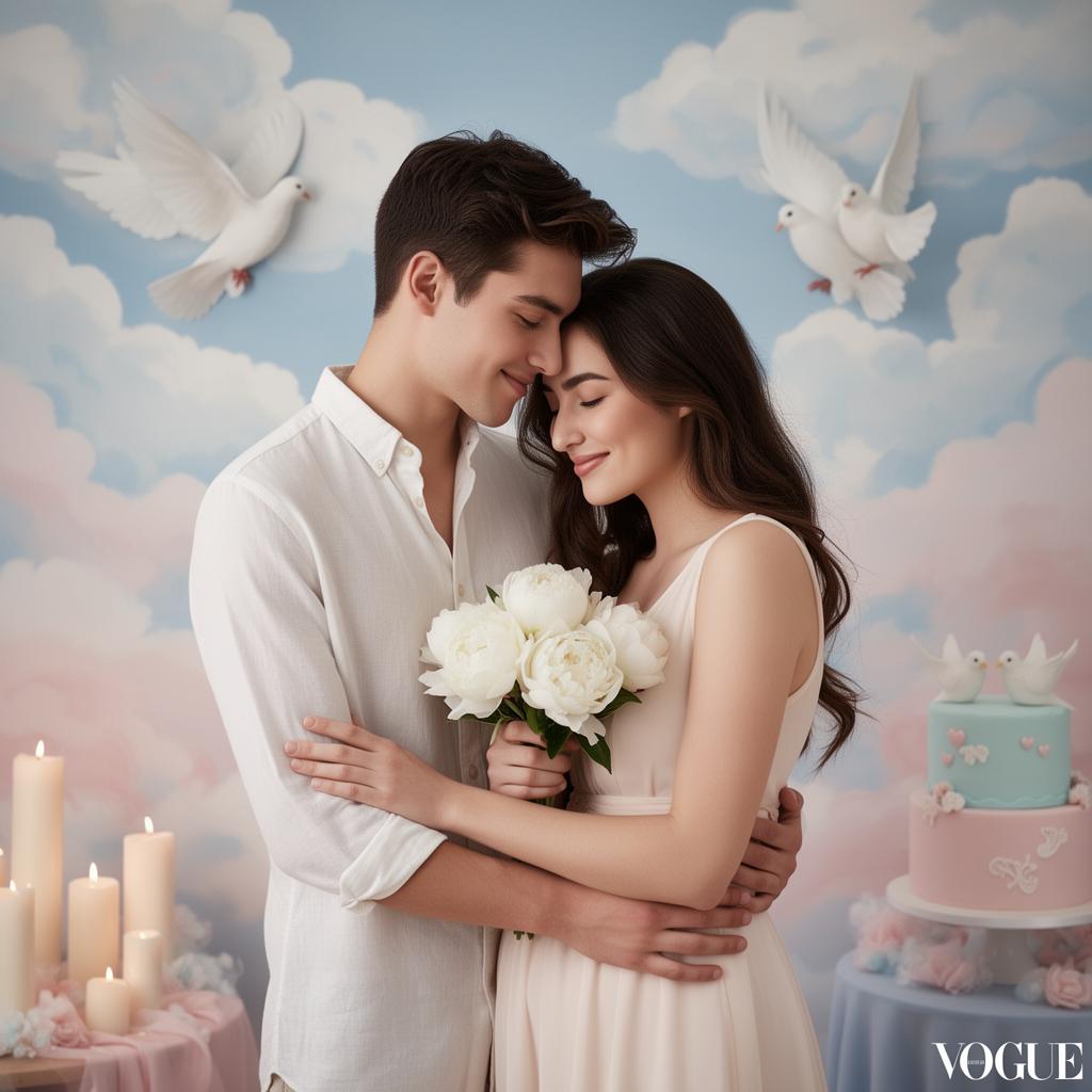 Pareja abrazada con peonías blancas frente a un mural de nubes y palomas