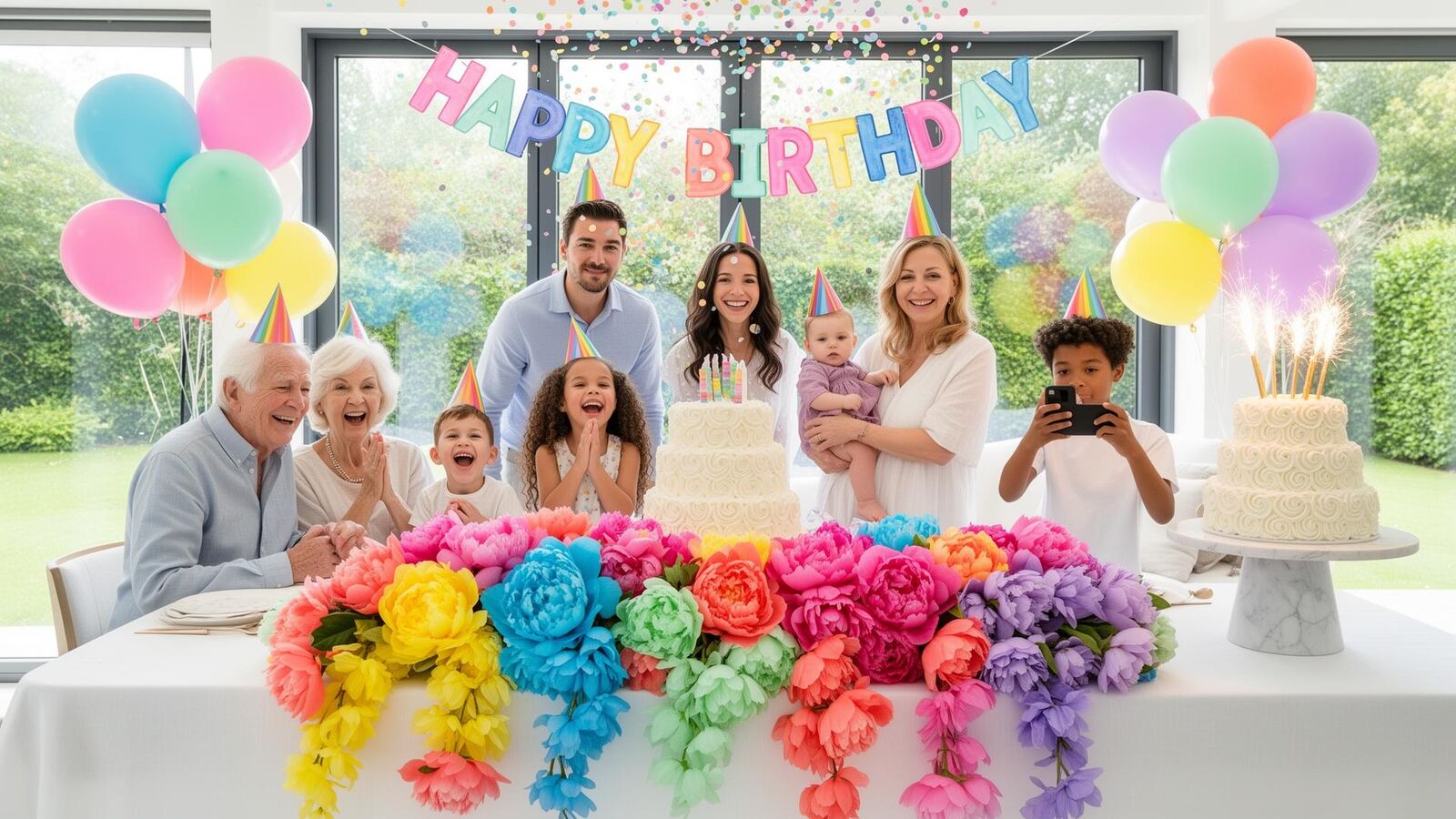 Mesa de cumpleaños con globos rosas y confetti dorado