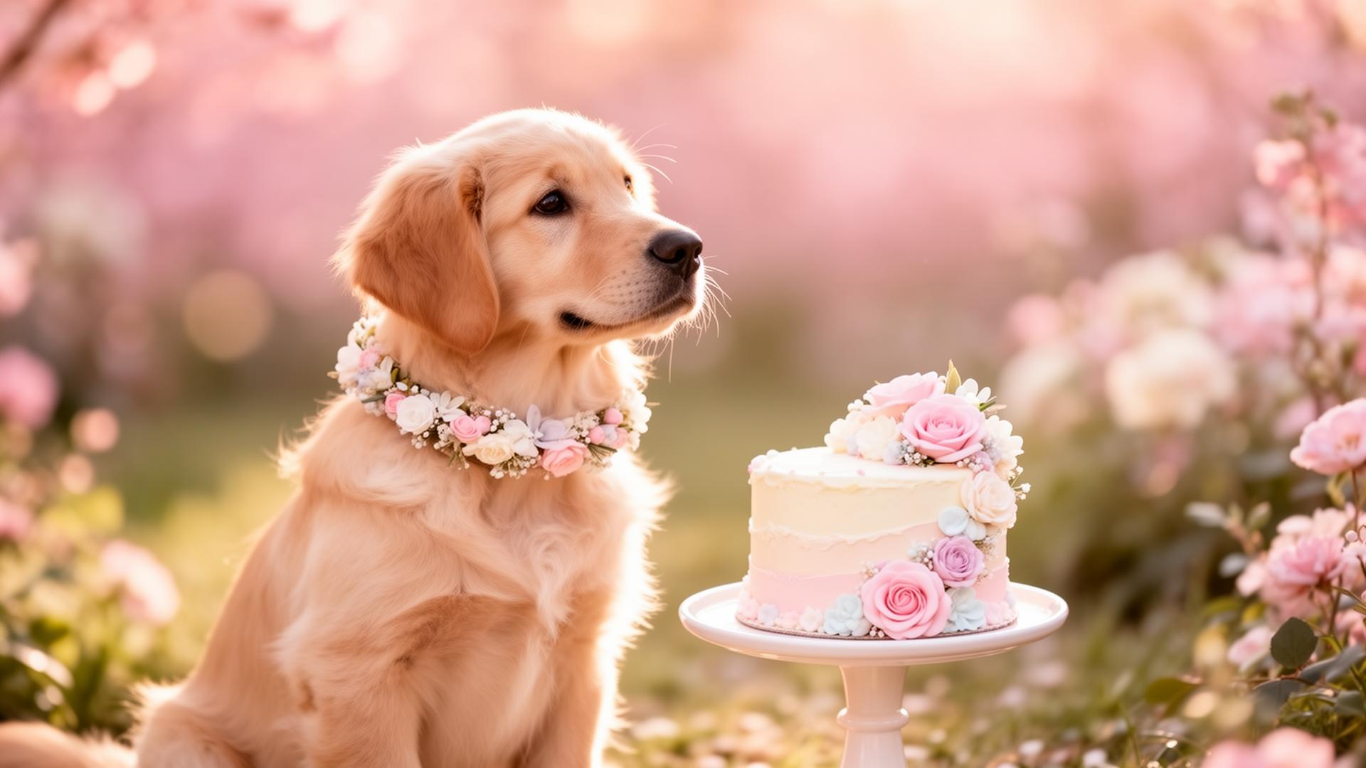 Golden retriever con pastel rosa en jardín