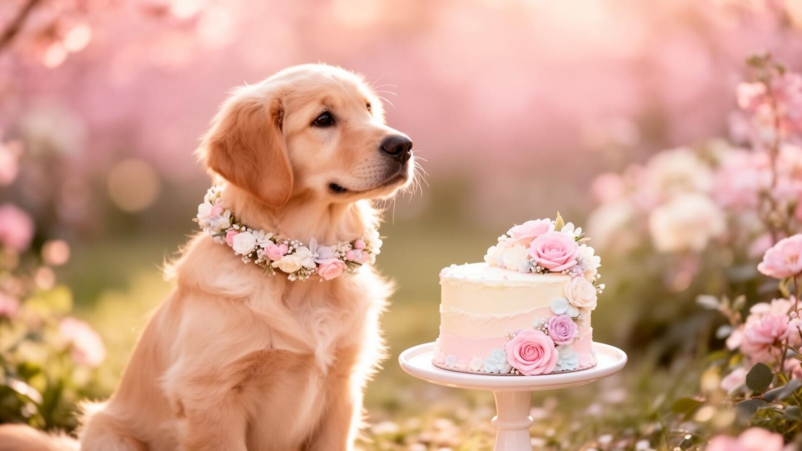 Golden retriever con pastel rosa en jardín