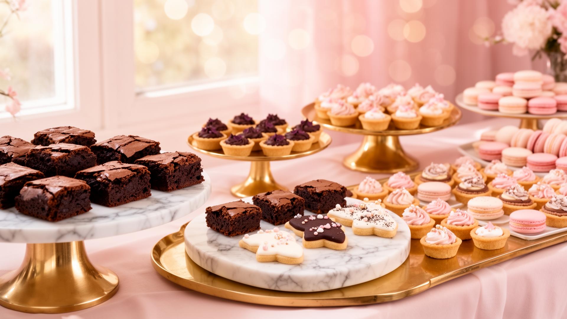 Mesa de postres con brownies, galletas y mini tartas