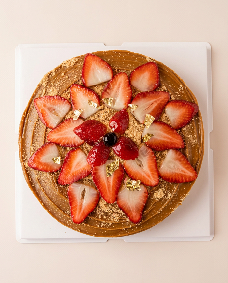 Tarta de cajeta vista desde arriba con fresas en espiral y hojas de oro