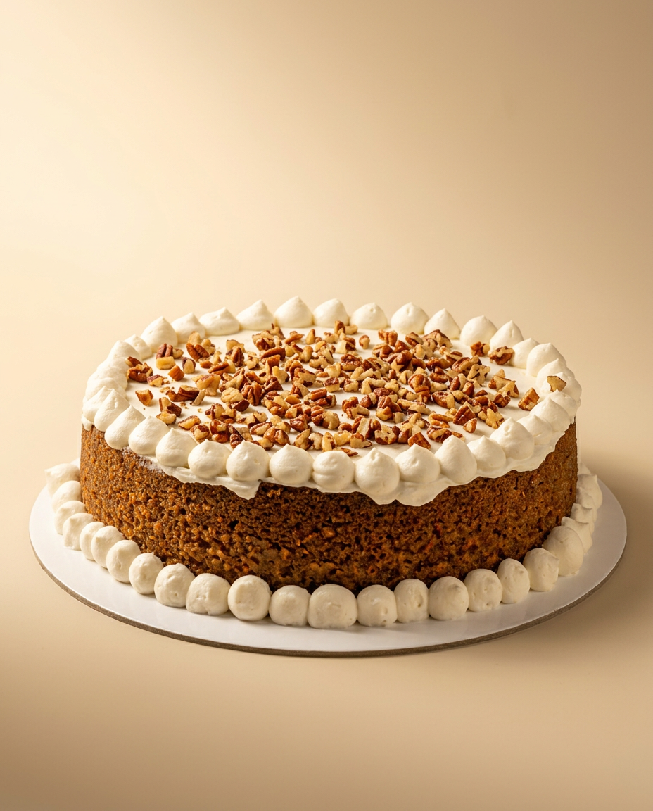 Carrot cake redondo con frosting de queso crema piped en rosetones y nuez pecana picada