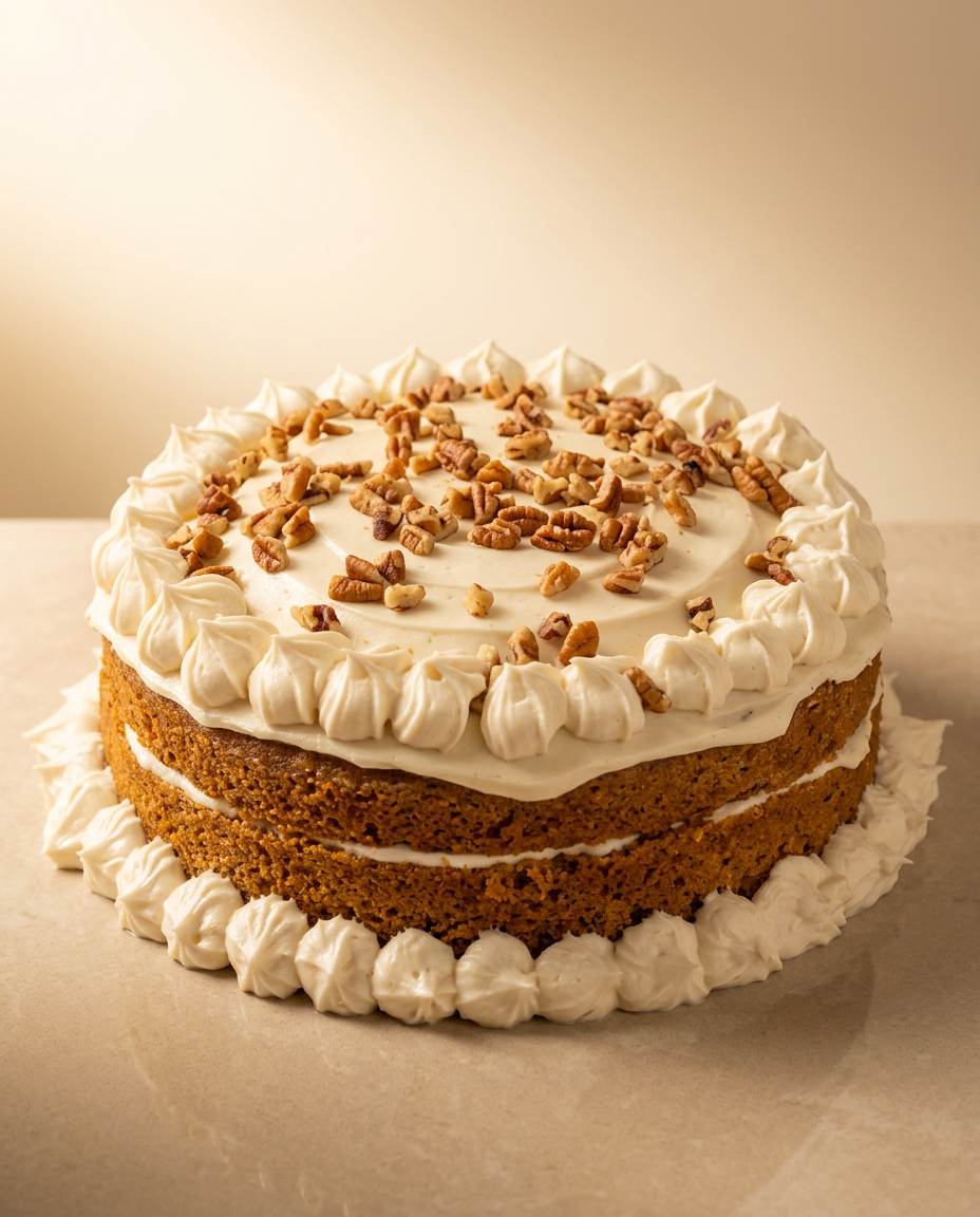 Carrot cake naked con capas visibles, queso crema sedoso y pecanas tostadas