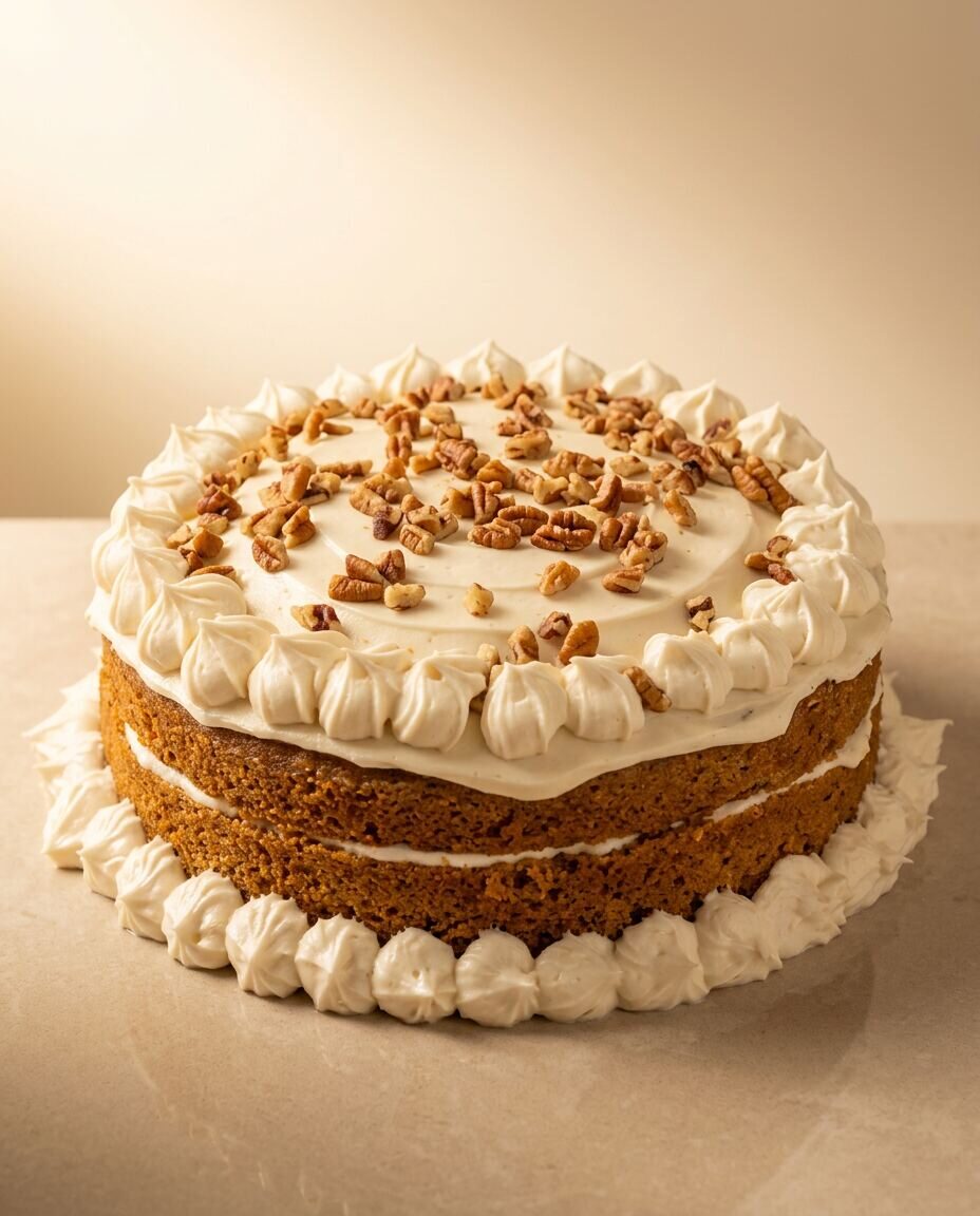 Carrot cake naked con capas visibles, queso crema sedoso y pecanas tostadas