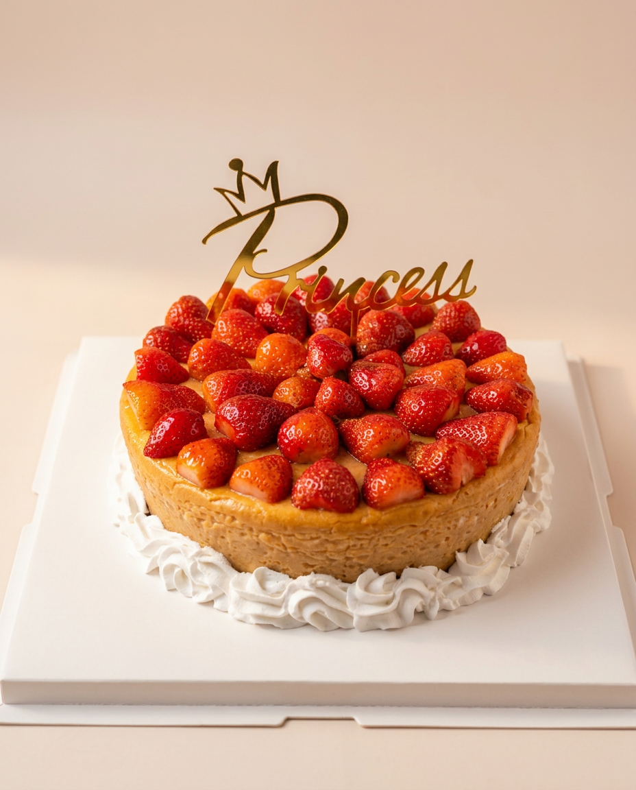 Cheesecake estilo New York coronado con fresas frescas y topper Princess dorado