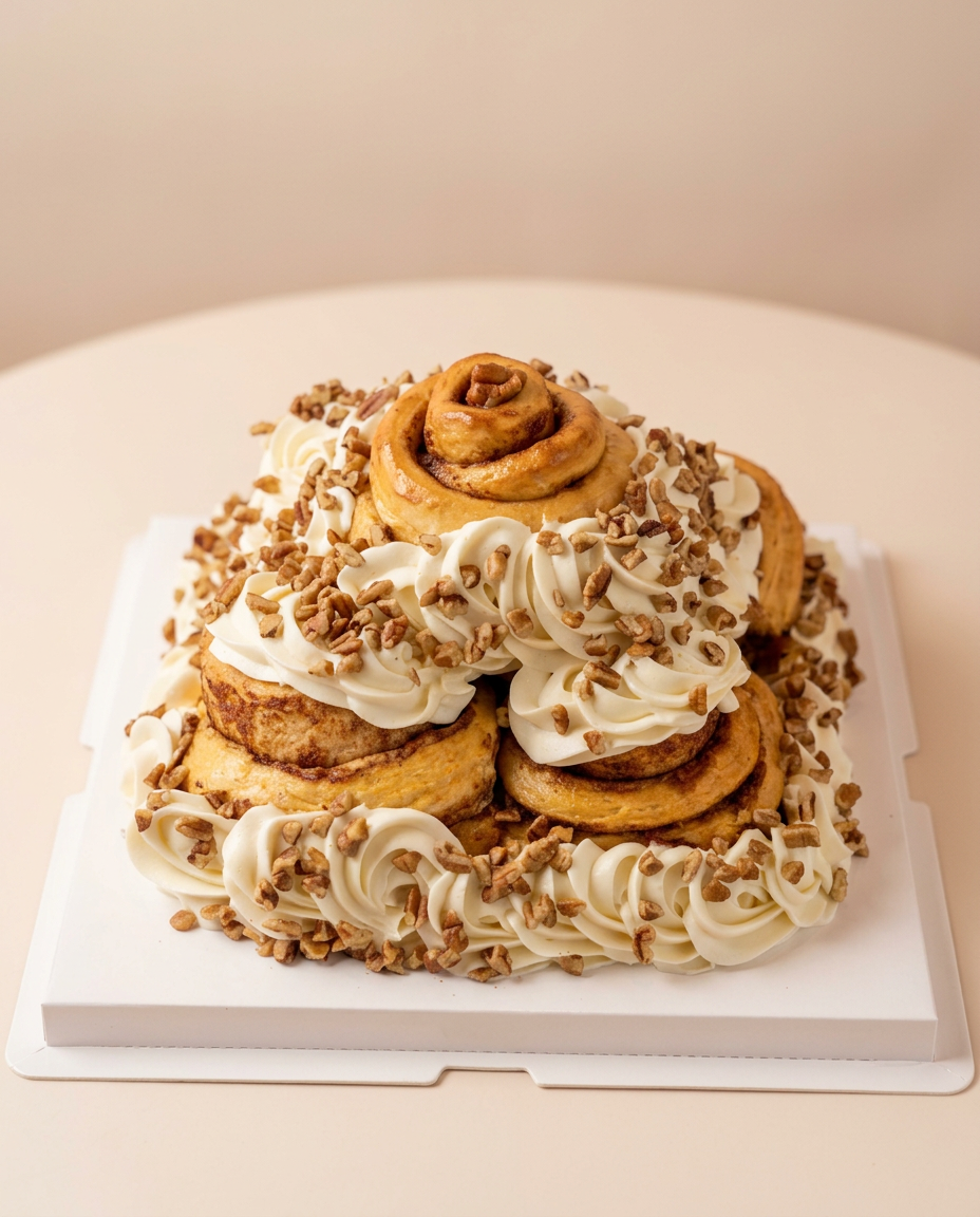 Torre de cinnamon rolls cubierta con crema de queso y nuez picada