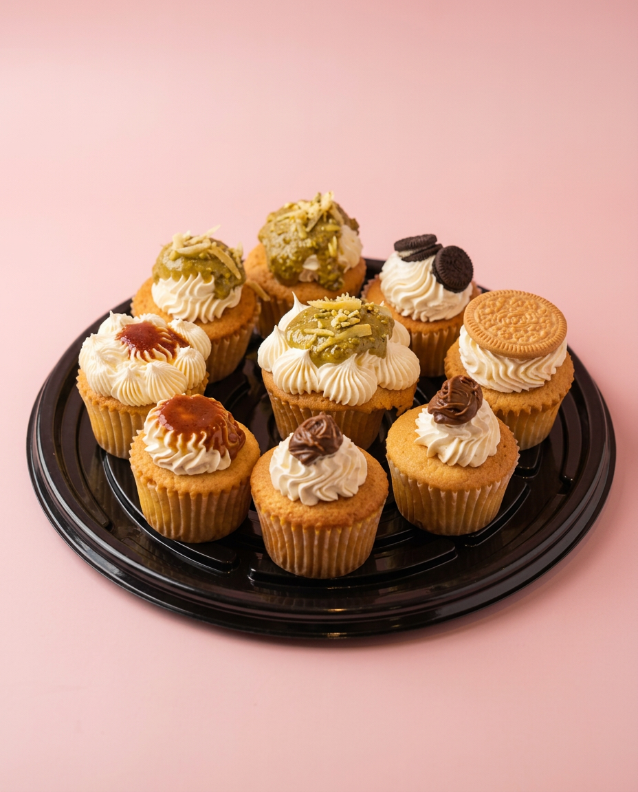 Bandeja redonda con cupcakes surtidos: mermelada, pistacho, ganache, dulce de leche y galleta