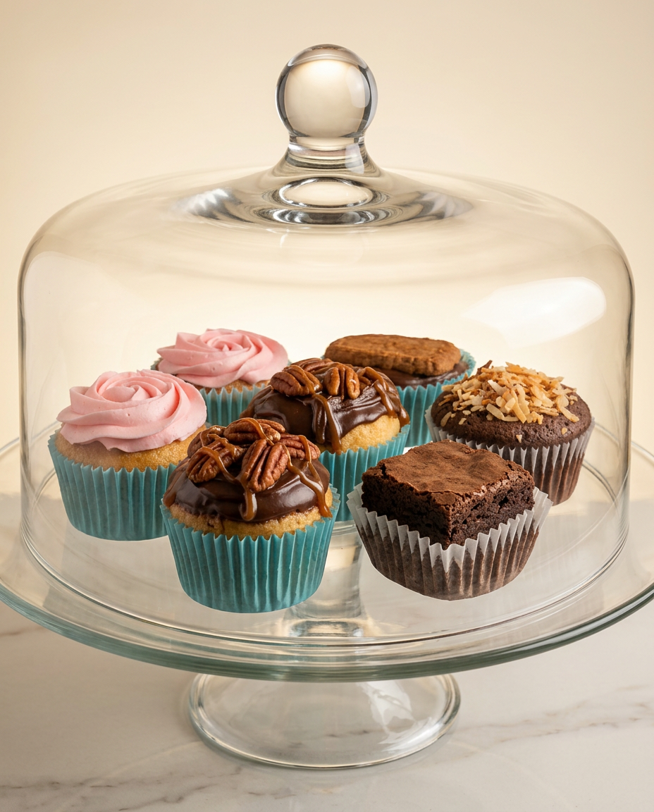 Cupcakes surtidos bajo domo de cristal con rosetón rosa, brownie, pecana y coco tostado