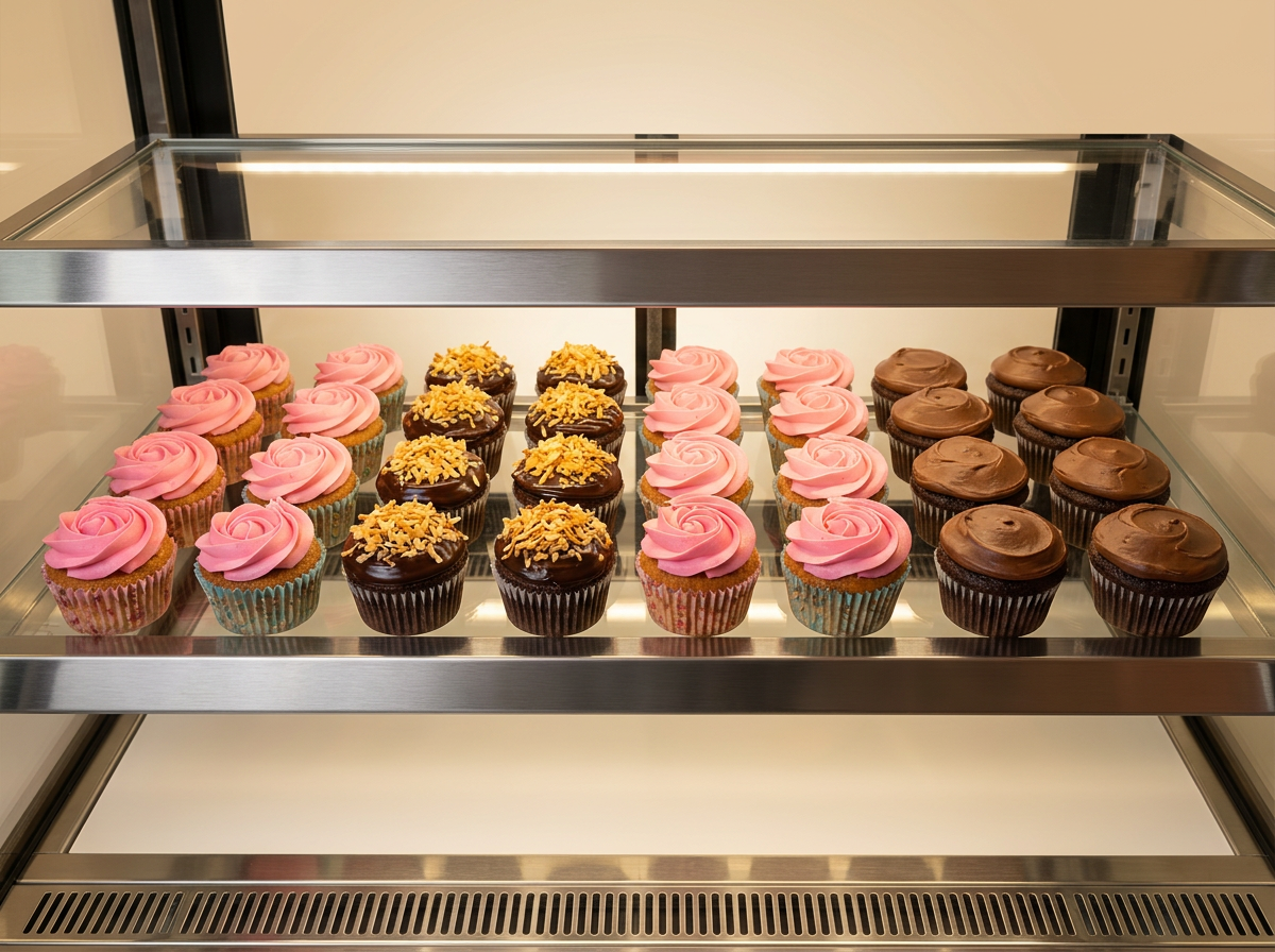 Vitrina de cupcakes artesanales en filas: rosetones rosa, chocolate con coco tostado y ganache