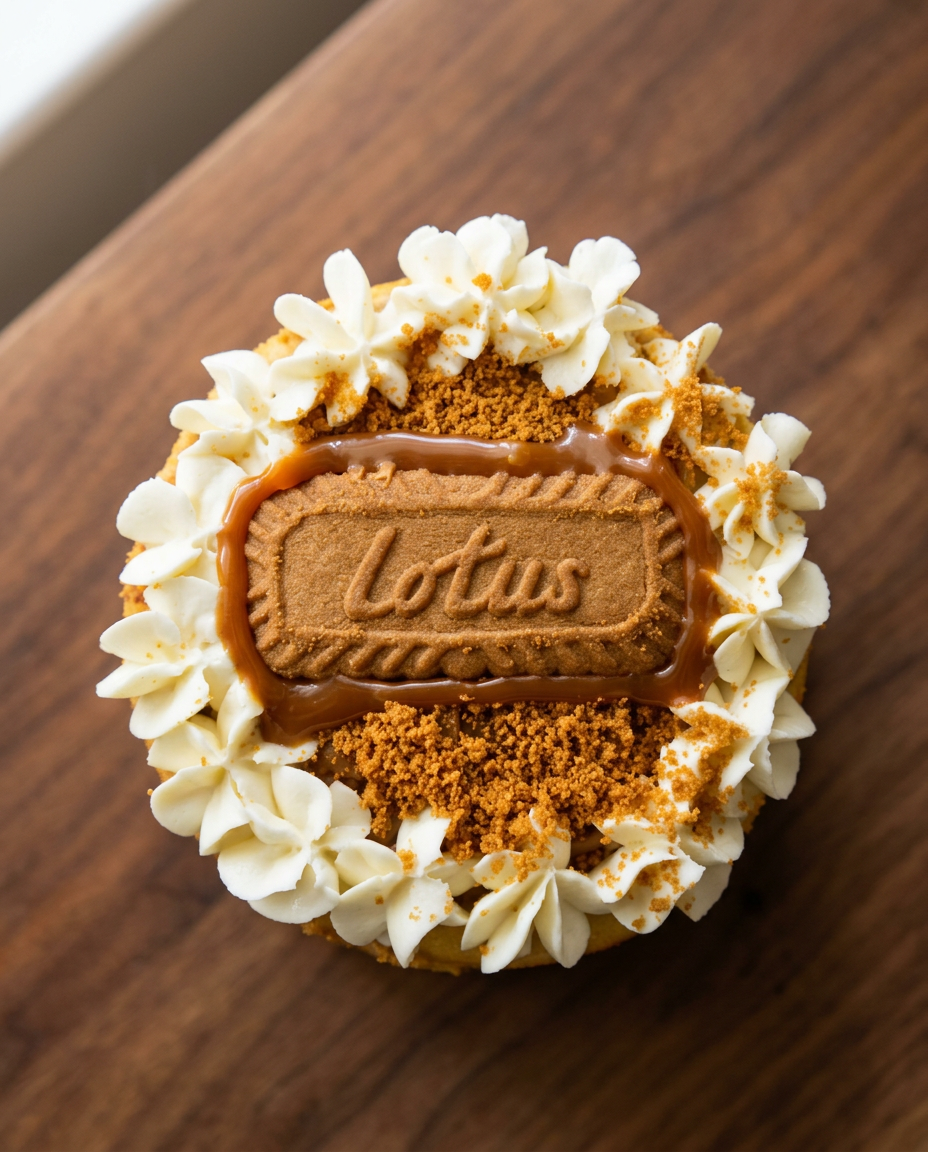 Mini pastel Lotus Biscoff con corona de rosetones de queso crema, caramelo brillante y galleta entera