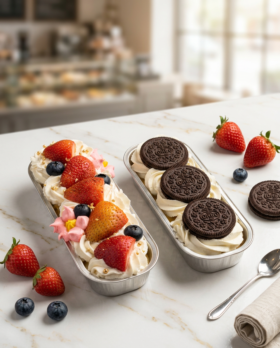 Dos charolas de mini postres lado a lado: rosetones de crema con fresas frescas y blueberries; rosetones con galletas Oreo