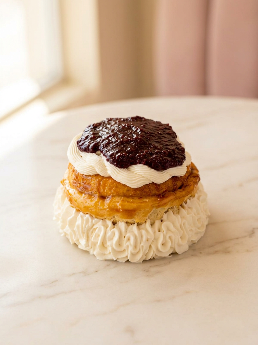 Mini pastel individual con base de rosetones de crema, anillo caramelizado dorado y disco de mermelada de mora en la cima