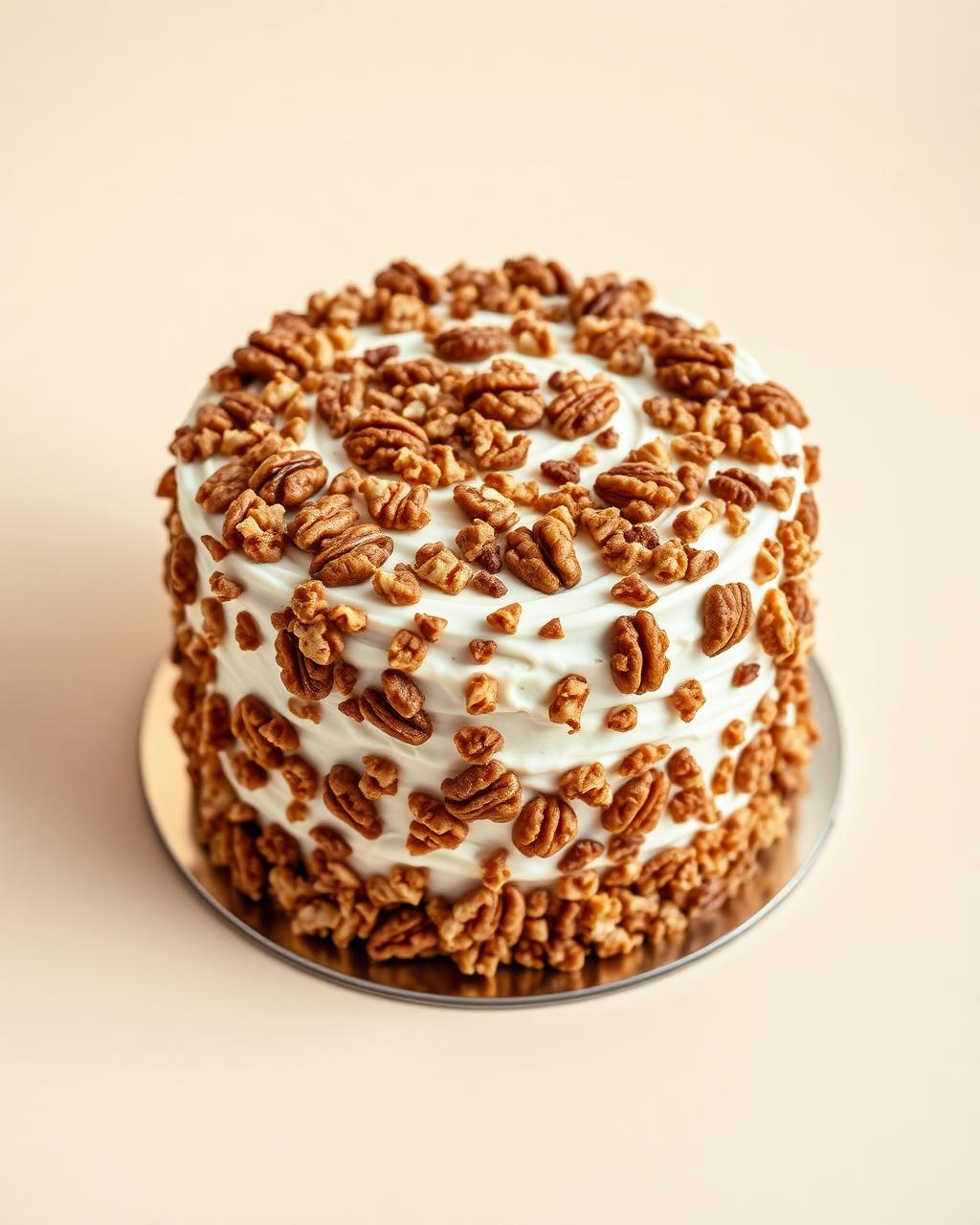 Pastel clásico de nuez con crema blanca y abundante nuez tostada