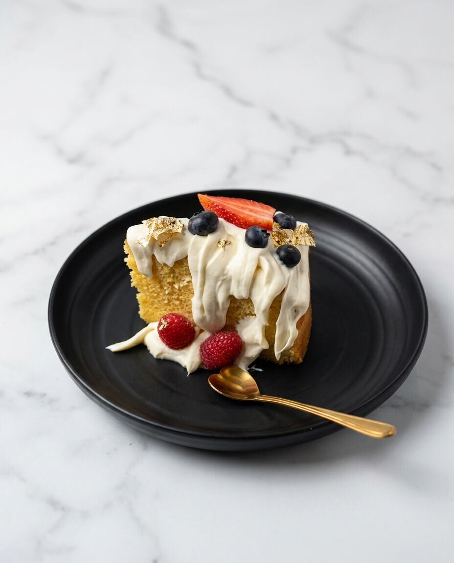 Rebanada de bizcocho de vainilla con crema mascarpone, blueberries, fresas, frambuesas y oro comestible