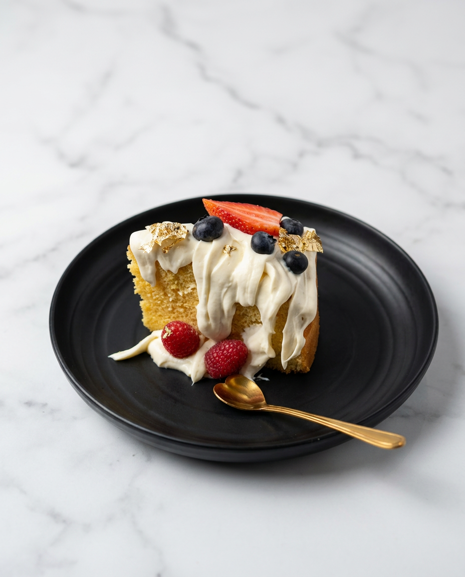 Rebanada de bizcocho de vainilla con crema mascarpone, blueberries, fresas, frambuesas y oro comestible