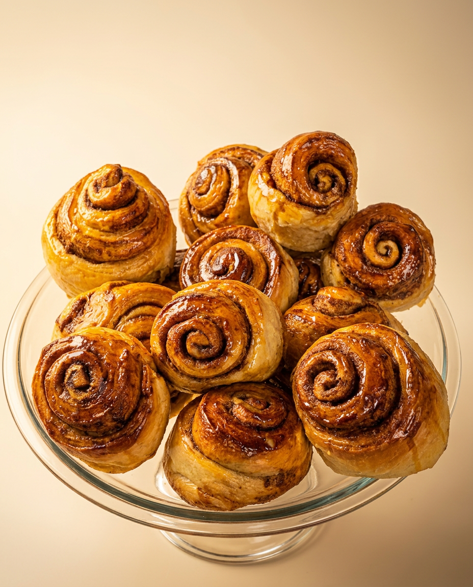 Rollos de canela artesanales con espiral perfecta y glaseado brillante en plato de cristal