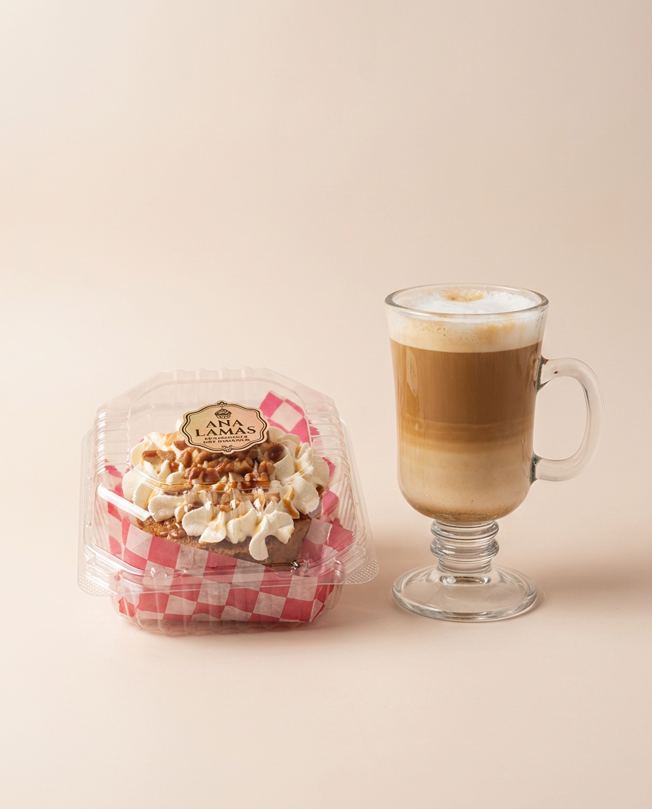 Waffle artesanal con crema batida y caramelo, junto a café latte en copa alta